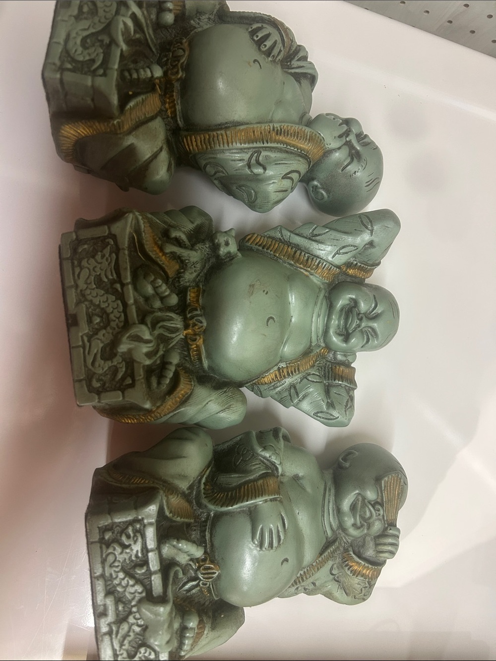 Universal statuary and sage and Gold Laughing Buddha Set of Three